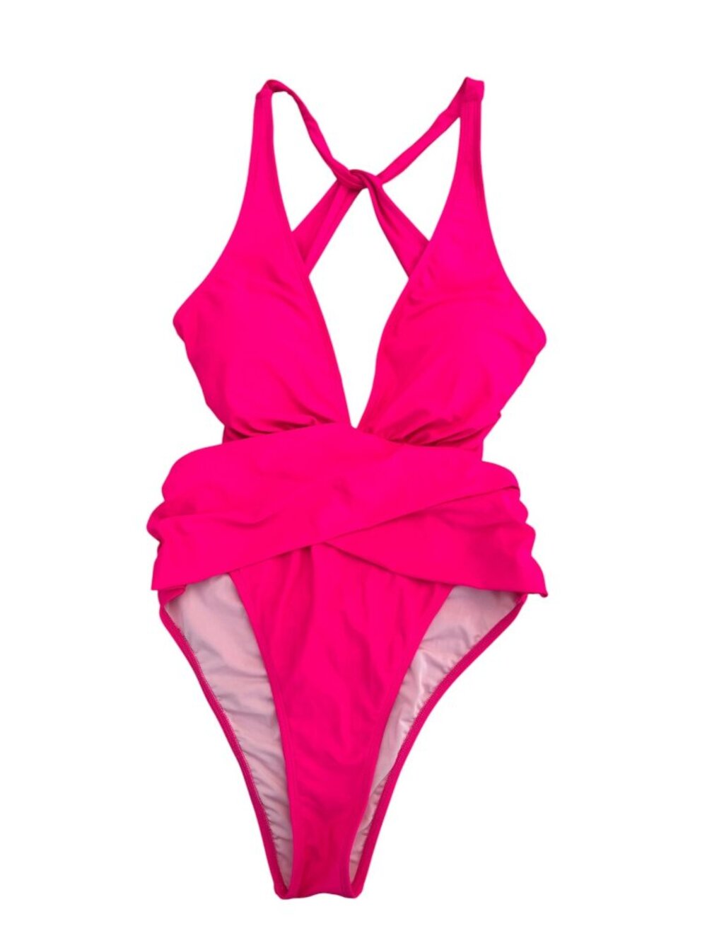Cupshe Hot Pink One-Piece Swimsuit Cross Back Ruched Waist V-neck Large NWT